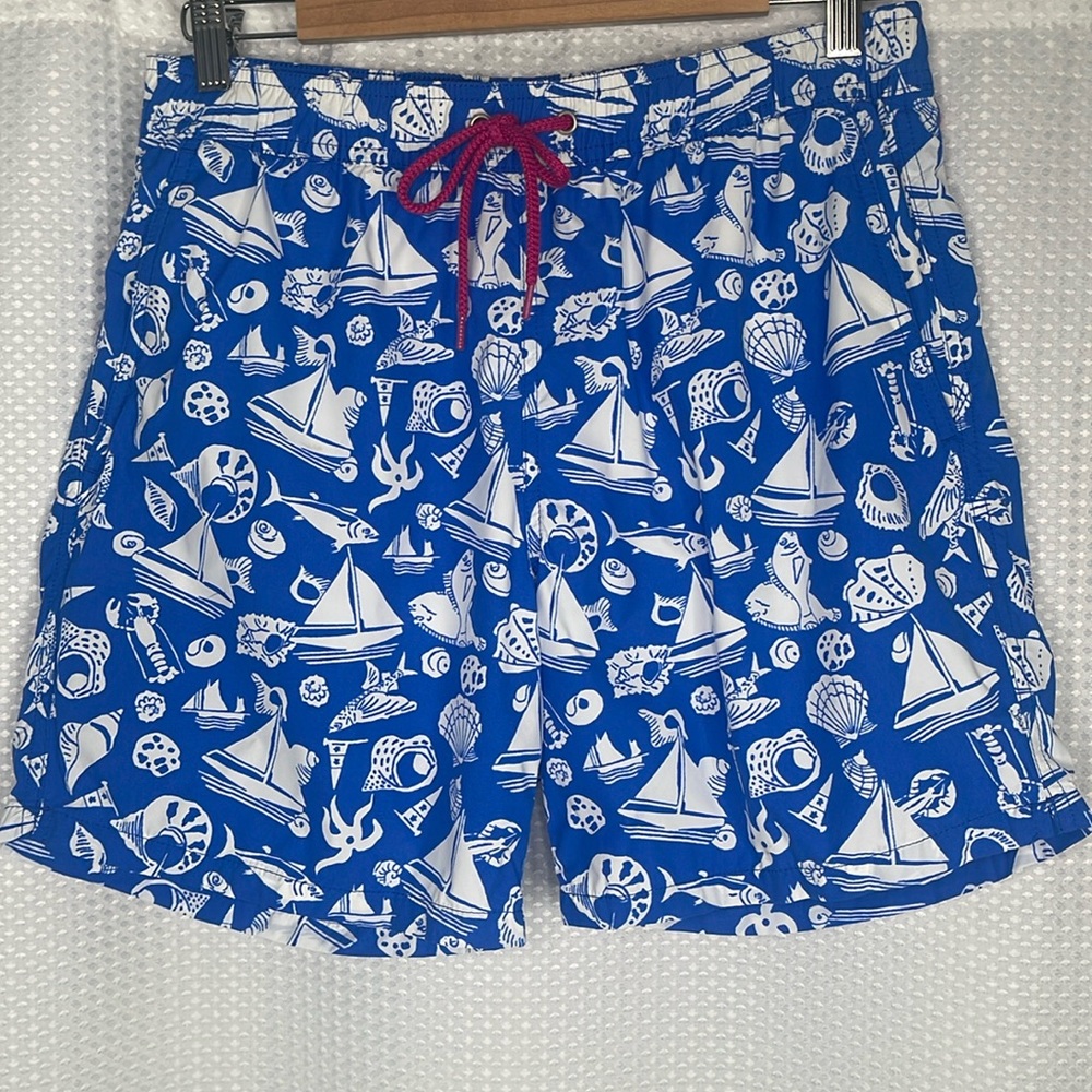 J Crew Swim Trunks Bathing Suit Mesh Liner Sailboats Vacation Summer  Sz M